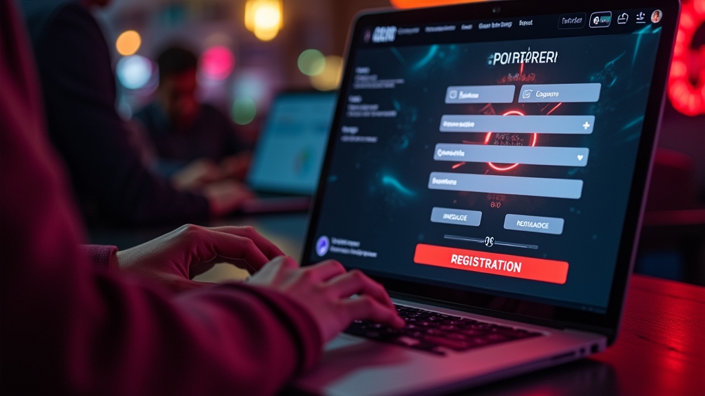 Engelstalige registratiepagina met taalkeuze in een donkere casino-omgeving