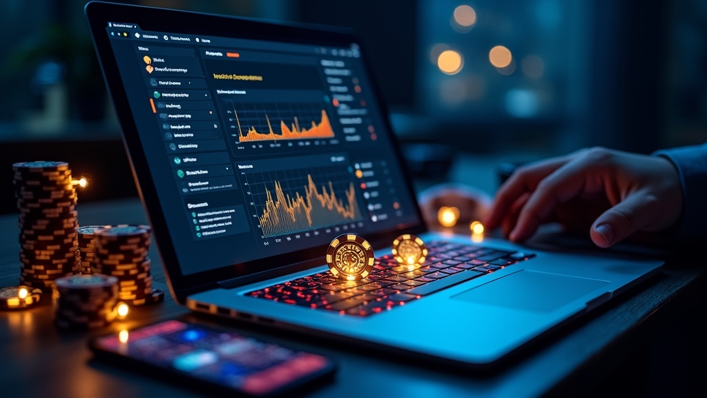 Donkere casino-interface met opname, saldo en banktransfer op laptop en telefoon.