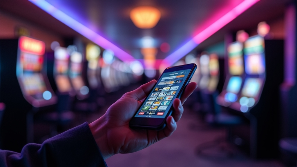 Hand met smartphone op installatiescherm in een donkere casinohal