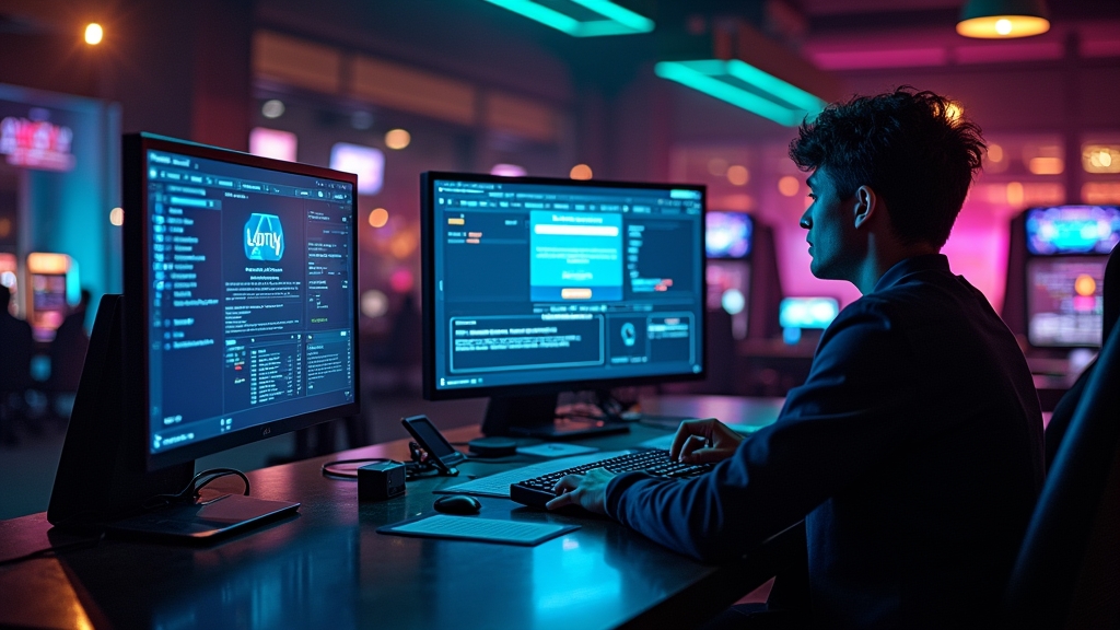 Speler bekijkt inlogscherm in donkere casino-omgeving met neonlicht