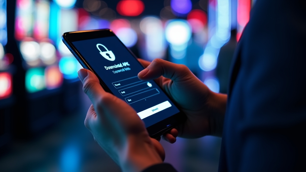 Androidtelefoon met APK-controle in een donkere casinoomgeving