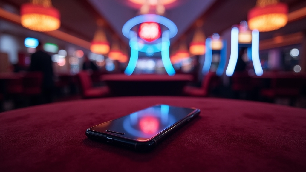 Smartphone op een tafeltje met downloadscherm in een donkere casinoomgeving