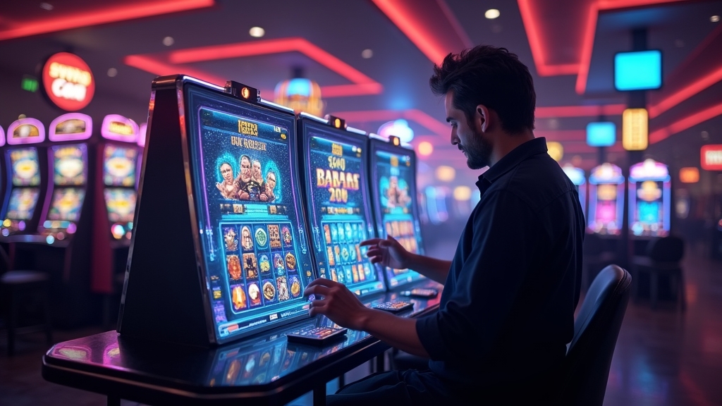 Vergelijking van slotkenmerken met gloeiende reels in een donkere casino-omgeving