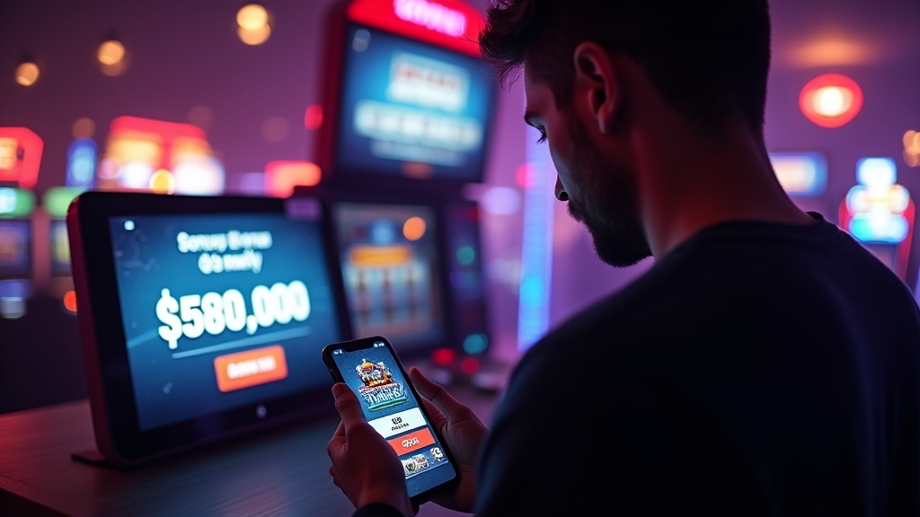 Speler bekijkt een bonuscode en promoties in een donker casino-interieur