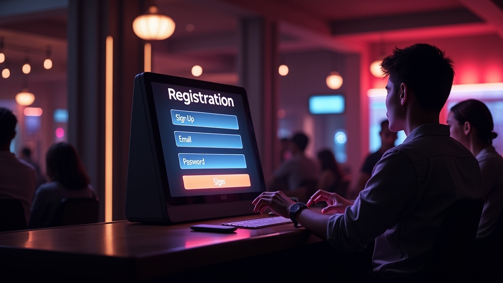 Registratieformulier in donkere casino-omgeving met neonaccenten